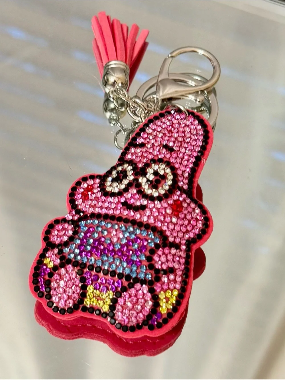 New Crystal-Embellished Pink Patrick Keychain  with Tassel